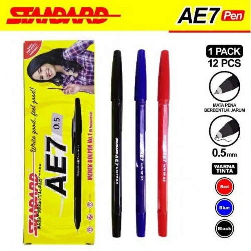 Pulpen Standard AE7 Ukuran 0.5mm Warna Black Blue Red  